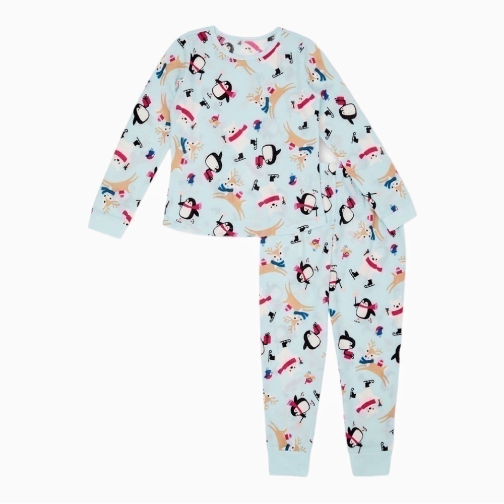 NWT Girls Thermal Pajamas 3 Piece Set with Sleep Mask Holiday Penguin Reindeer